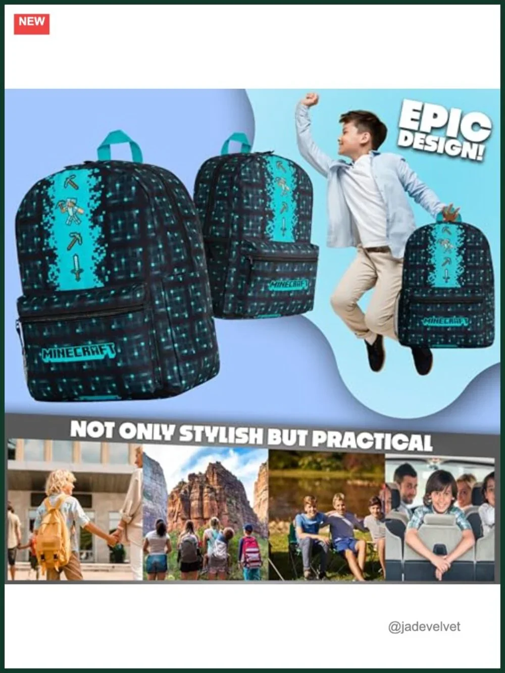 Minecraft Themed Kids Backpack with Adjustable Straps Front Pocket Travel